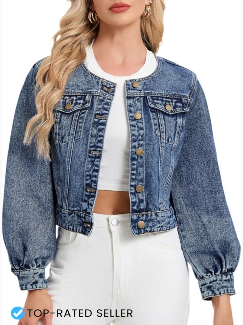 Cropped Denim Jacket Womens Puff Sleeve Round Neck Button Down Collarless